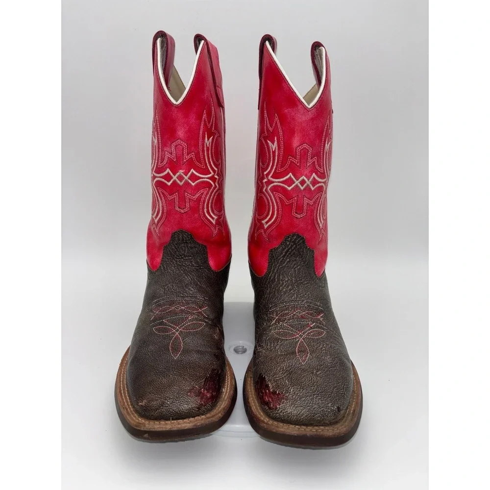 OLD WEST Red Cowboy Boot Western Square Toe Leather Brown‎ Boy Kids Girl Youth 6